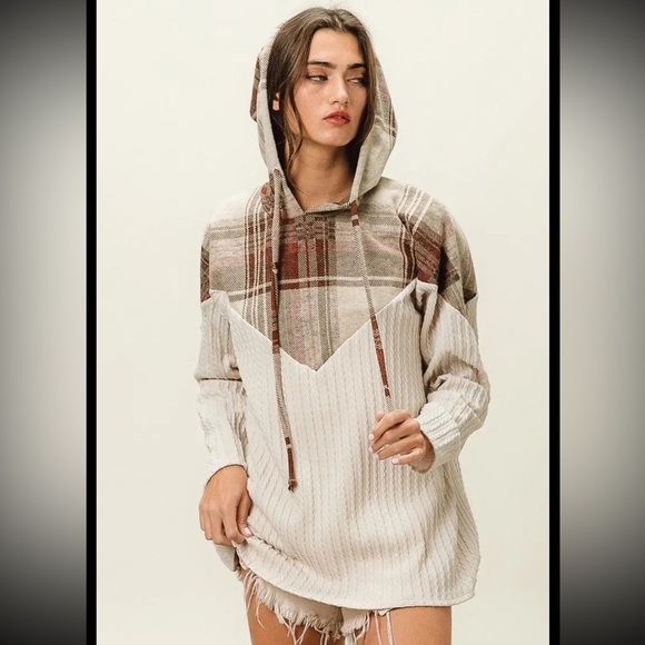 BIBI PLAID BRUSH KNIT CONRAST CABLE KNIT HOODIE - Picture 2 of 7